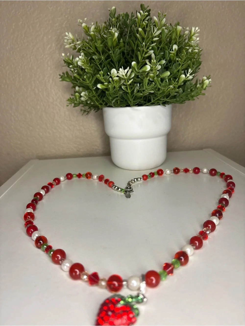 Chico’s Crystal Rhinestone Strawberry Beaded Statement Necklace Red White Green